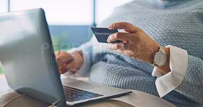 Buy stock photo Credit card, order or old woman in home with laptop, online payment or sales promo in eft transaction. Digital, discount or senior person with tech, remote shopping or cashless purchase in retirement