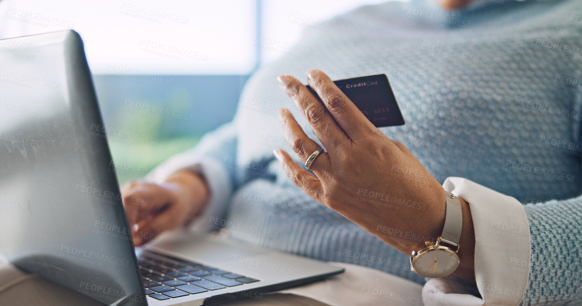 Buy stock photo Credit card, old woman or hands in home with laptop, online payment or sales promo in eft transaction. Digital, discount or senior person with tech, remote shopping or cashless purchase in retirement