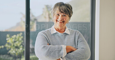 Buy stock photo Smile, confidence and senior woman in home for relax, wellness and peace on staycation. Portrait, retirement and happy person with arms crossed at apartment, positive attitude and calm with pride