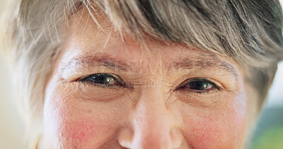 Buy stock photo Senior, woman or face with eyes for sight, awareness or vision for health in retirement home. Portrait, elderly or female person with retina, reflection or wrinkles for optometry or wellness in house