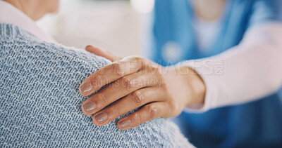 Buy stock photo Support, nurse or hand in home with comforting, understanding or empathy in medical results. People, caregiver or patient with shoulder touch, emotional security or connection in health diagnosis.