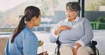 Senior, woman and discussion with nurse on wheelchair in home for assisted living or help. Caregiver, healthcare worker or talking to female person with a disability for medical consultation in house