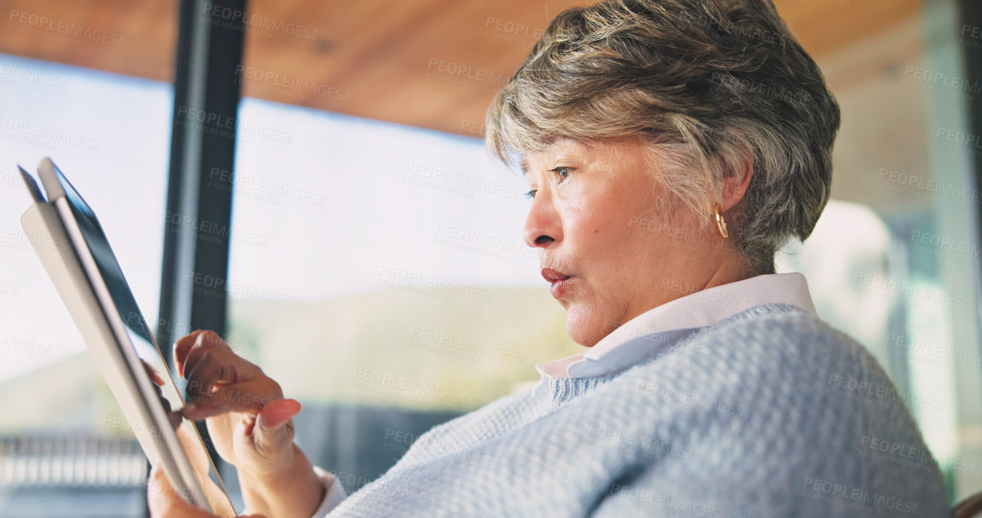 Buy stock photo Tablet, surprise and senior woman in home reading blog on retirement planning for finance advice. Digital technology, wow and elderly person on website for article with tips on pension savings.
