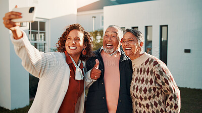 Buy stock photo Selfie, senior parents and woman outdoor at new home together for memories or property investment. Adult daughter, dad and mom in front yard of dream house for mortgage success, pride or thumbs up