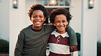 Hug, new home and portrait of boys outdoor in front yard for future, neighborhood or security. Property, real estate and smile of happy black children in garden together for fresh start or moving in