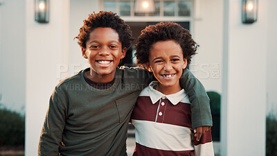 Buy stock photo Hug, new home and portrait of boys outdoor in front yard for future, neighborhood or security. Property, real estate and smile of happy black children in garden together for fresh start or moving in