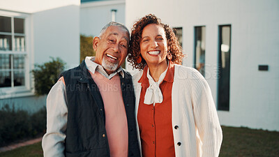 Buy stock photo Portrait, elderly parent or daughter outdoor with support, security or bonding on weekend. Love, mature woman or senior man at home with hug, caring relationship or family connection in happy moment.