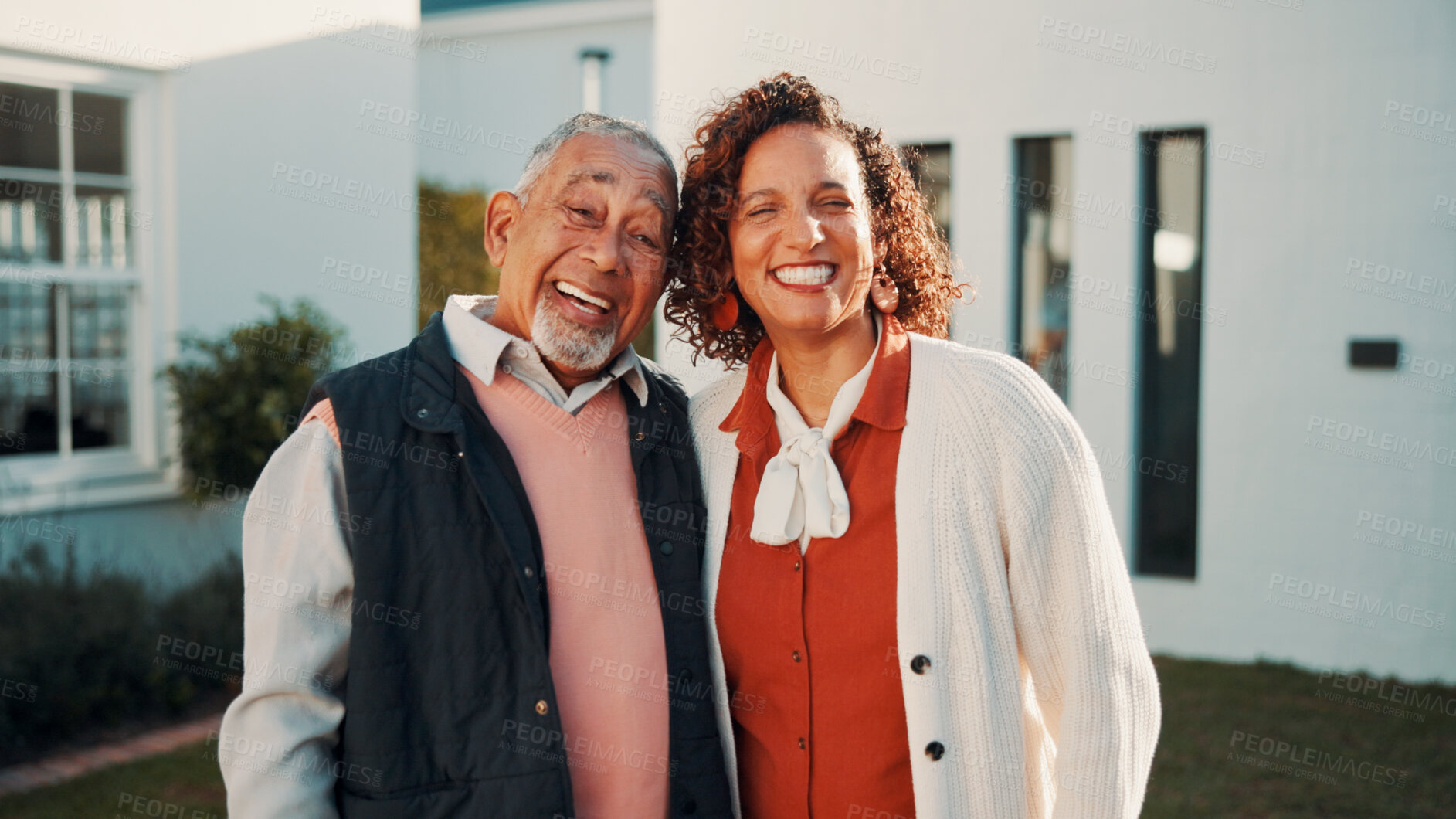 Buy stock photo Portrait, elderly parent or daughter outdoor with support, security or bonding on weekend. Love, mature woman or senior man at home with hug, caring relationship or family connection in happy moment.