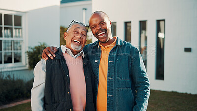 Buy stock photo Portrait, father and adult son by new house with laugh, humor and support for property investment. Happy, African people and senior dad in front yard with man, joke and proud of real estate purchase.