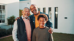 Laughing, new home and portrait of family outdoor in front yard together for investment or purchase. Boy child, dad and grandfather in garden of apartment for mortgage approval of dream house