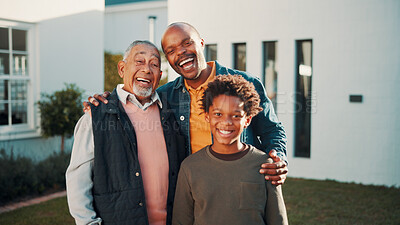 Buy stock photo Laughing, new home and portrait of family outdoor in front yard together for generations investment. Boy child, dad and grandfather in garden of apartment for mortgage approval of dream house