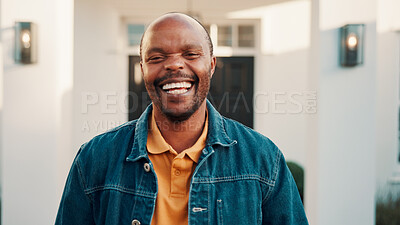 Buy stock photo Portrait, laugh and black man in front yard with new house, humor and pride for property investment. Happy, African person and outdoor with dream home, residence and funny thought for real estate.