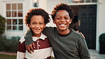 Hug, new home and portrait of kids outdoor in front yard for future, neighborhood or security. Property, real estate and smile with happy black boys in garden together for fresh start or moving in