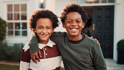 Buy stock photo Hug, new home and portrait of kids outdoor in front yard for future, neighborhood or security. Property, real estate and smile with happy black boys in garden together for fresh start or moving in