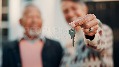 Buy stock photo Hand, old couple and key to new house, real estate investment and property purchase with fresh start. Safety access, dream home and people with mortgage success, relocation achievement and retirement