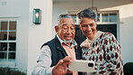 Love, selfie and senior couple outdoor at new home together for memory or property investment. Photograph, retirement and smile with people in front yard of dream house for mortgage success or pride