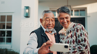Buy stock photo Love, selfie and senior couple outdoor at new home together for memory or property investment. Photograph, retirement and smile with people in front yard of dream house for mortgage success or pride