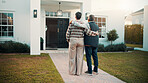 Back, embrace and old couple in front yard with new home, love and property investment for retirement. Married, senior people and hug on porch with real estate, mortgage loan and bonding together.