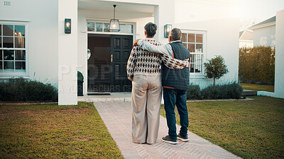 Buy stock photo Back, embrace and old couple in front yard with new home, love and property investment for retirement. Married, senior people and hug on porch with real estate, mortgage loan and bonding together.