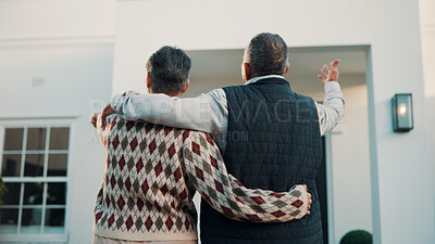 Buy stock photo Back, hug and old couple outdoor with new home, relocation and property investment for retirement. Married, senior people and gesture by house for real estate, mortgage loan and embrace for support.