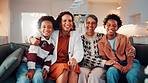 Portrait, family and children at house with hug, love of parental affection for bonding together. Happy, mother and kids on sofa with grandmother, connection and childcare for weekend break in home