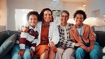 Buy stock photo Portrait, family and children at house with hug, love of parental affection for bonding together. Happy, mother and kids on sofa with grandmother, connection and childcare for weekend break in home