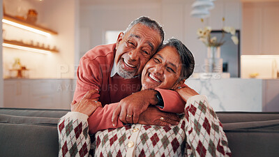 Buy stock photo Love, portrait or senior couple in house with hug, commitment and connection in bonding together. Comfort, smile and elderly people with embrace, romantic moment and happy relationship in retirement.