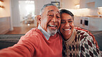 Selfie, portrait and senior couple in home with love, happy relationship or post update in online memory. Digital, POV or elderly people with embrace, bonding together or connection for social media.