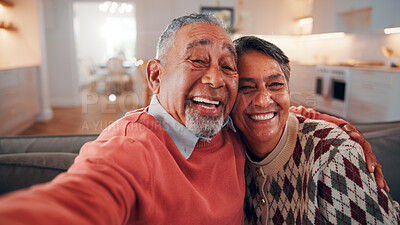 Buy stock photo Selfie, portrait and senior couple in home with love, happy relationship or post update in online memory. Digital, POV or elderly people with embrace, bonding together or connection for social media.