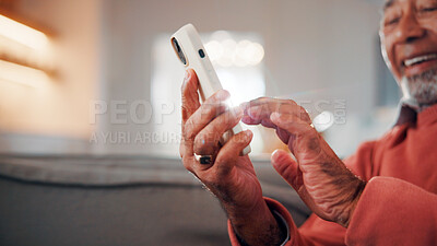 Buy stock photo Cellphone, relax and senior man on sofa in home with reading blog on finance planning with retirement. Happy, technology and elderly person with phone for internet post on pension savings in house.