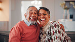 Love, portrait or elderly couple in home with hug, commitment and connection in bonding together. Comfort, smile and old people with embrace, romantic moment and happy relationship in retirement.