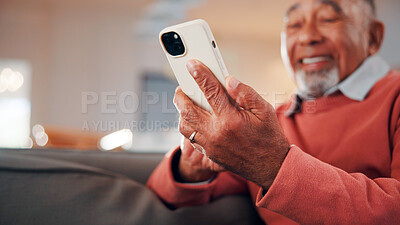 Buy stock photo Phone, hands and senior man on sofa in home with reading blog on finance planning with retirement funds. Happy, technology and elderly person with cellphone for internet post on pension savings.