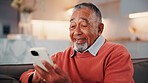 Phone, relax and senior man on sofa in home with reading blog on finance planning with retirement funds. Happy, technology and elderly person with cellphone for internet post on pension savings.