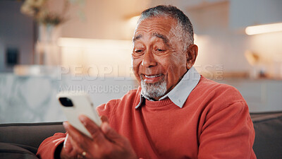 Buy stock photo Phone, relax and senior man on sofa in home with reading blog on finance planning with retirement funds. Happy, technology and elderly person with cellphone for internet post on pension savings.
