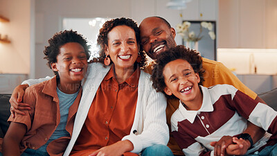Buy stock photo Portrait, parents and children at house with smile, love of parental affection for bonding together. Happy, black family and kids in lounge with embrace, connection and childcare for weekend break