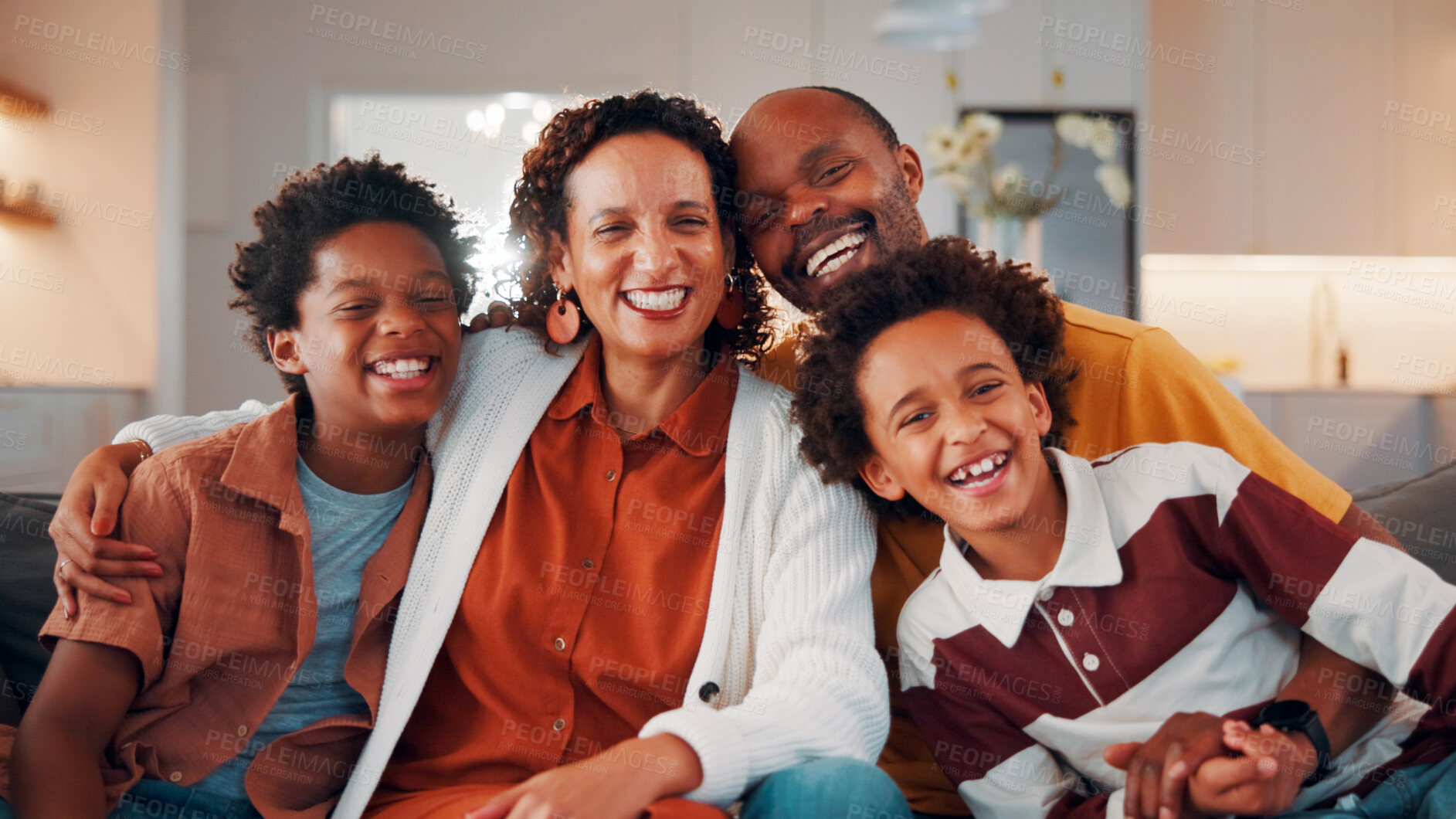 Buy stock photo Portrait, parents and children at house with smile, love of parental affection for bonding together. Happy, black family and kids in lounge with embrace, connection and childcare for weekend break