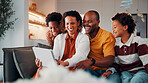 Tablet, happy and family on sofa in home with funny blog, social media or internet meme post. Laugh, relax and black children with parents on technology for watching comedy video in living room.