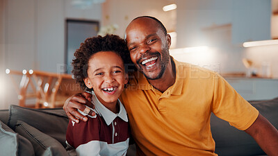 Buy stock photo Portrait, father and child at house with hug, love of parental affection for bonding together. Happy, black family and kid in lounge with embrace, connection and childcare for weekend break in home
