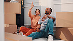 Boxes, new home and planning with African couple on floor together for real estate investment. Conversation, moving in and property development with people in apartment for dream house purchase