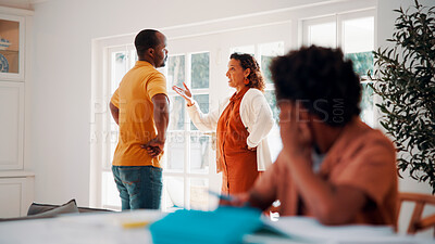 Buy stock photo Listening, kid and parents with conflict in home, learning and development disruption in homeschool. Mother, father and family fight for boy, divorce or education distraction with separation argument
