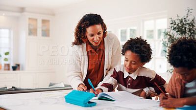 Buy stock photo Education, helping and mother in home with children for homework, teaching or writing. Learning, notebook and school assignment with family at counter in kitchen together for development or support