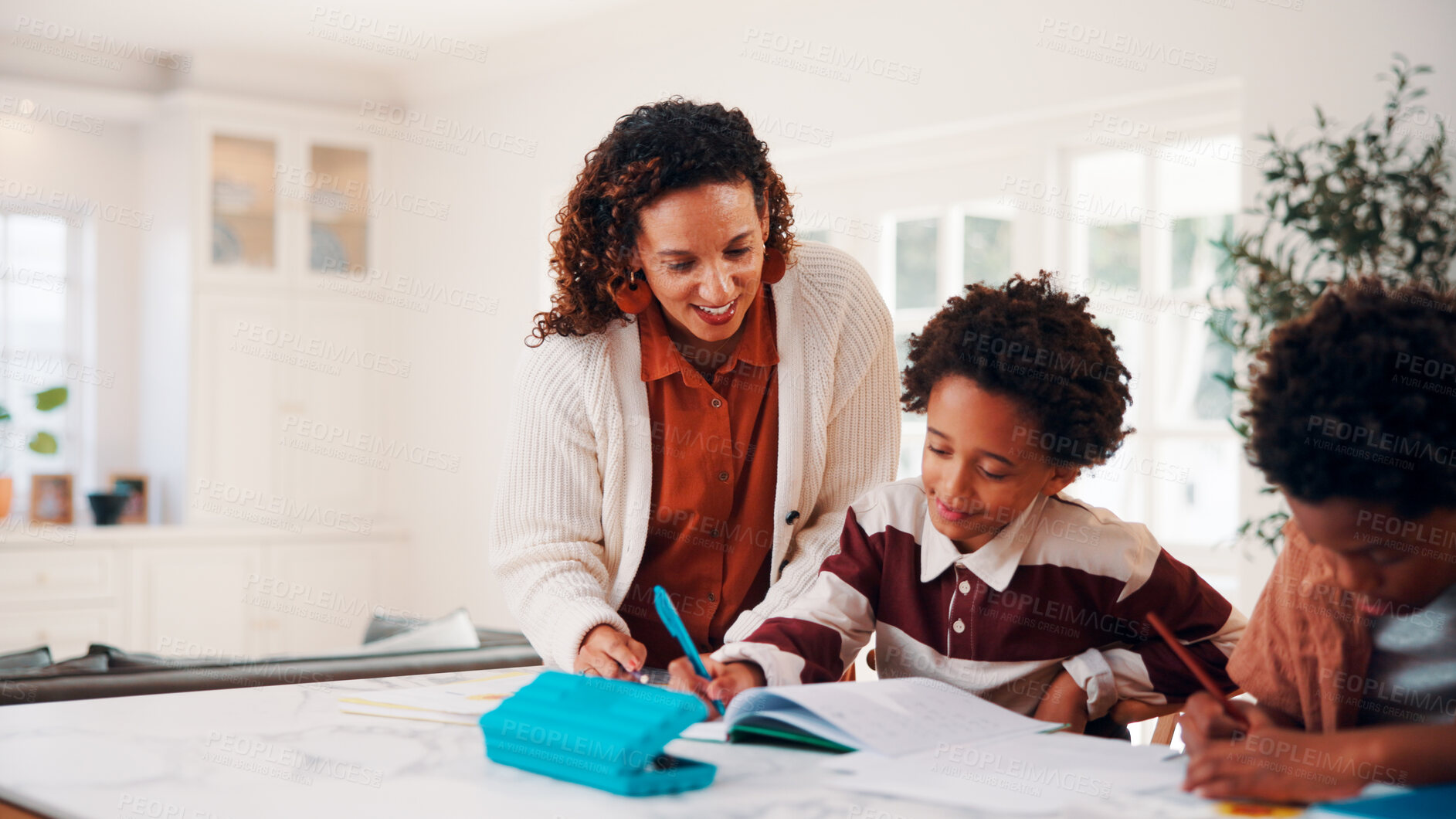 Buy stock photo Education, helping and mother in home with children for homework, teaching or writing. Learning, notebook and school assignment with family at counter in kitchen together for development or support