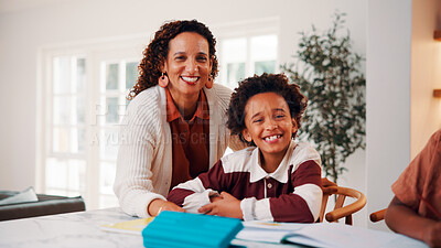 Buy stock photo Education, mother and portrait in home with son for homework, learning or teaching. Notebook, school assignment and smile with family at counter in kitchen together for development or support