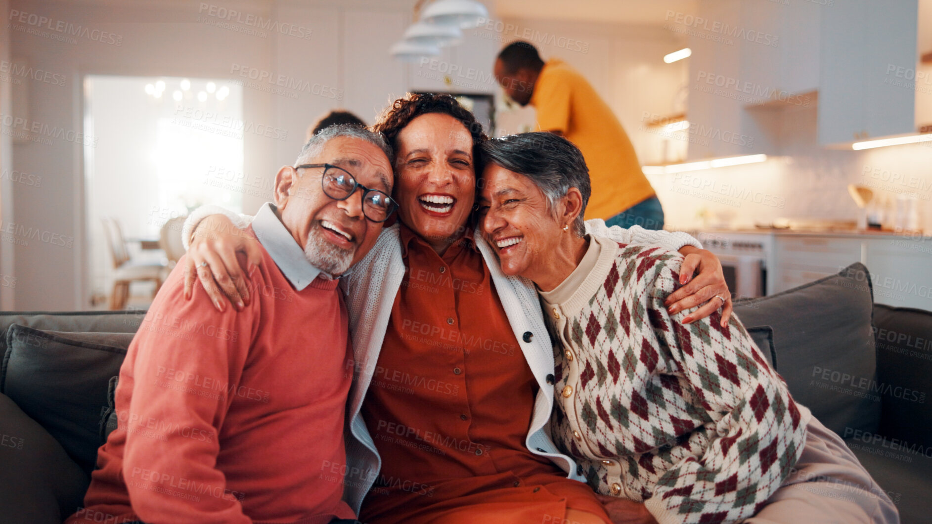 Buy stock photo Hug, portrait and senior parents on sofa for bonding, connection and relax with daughter. Love, family and woman with mom, dad and embrace for affection, laugh and happy relationship on weekend