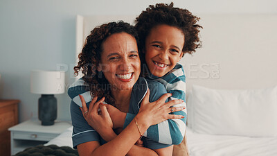 Buy stock photo Support, smile or black family on bed with portrait, parent connection or bonding together on day off. Security, mother or child in home with hug, happy relationship or caring moment on weekend break