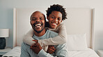 Support, father or boy on bed with love, parent connection or bonding together on day off. Security, smile or black family in house with hug, happy relationship or caring moment on weekend break.