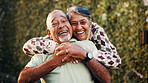 Hug, laughing and portrait of old couple outdoor in garden together for bonding or retirement. Connection, funny and love with senior people embracing in backyard for care, support or wellness