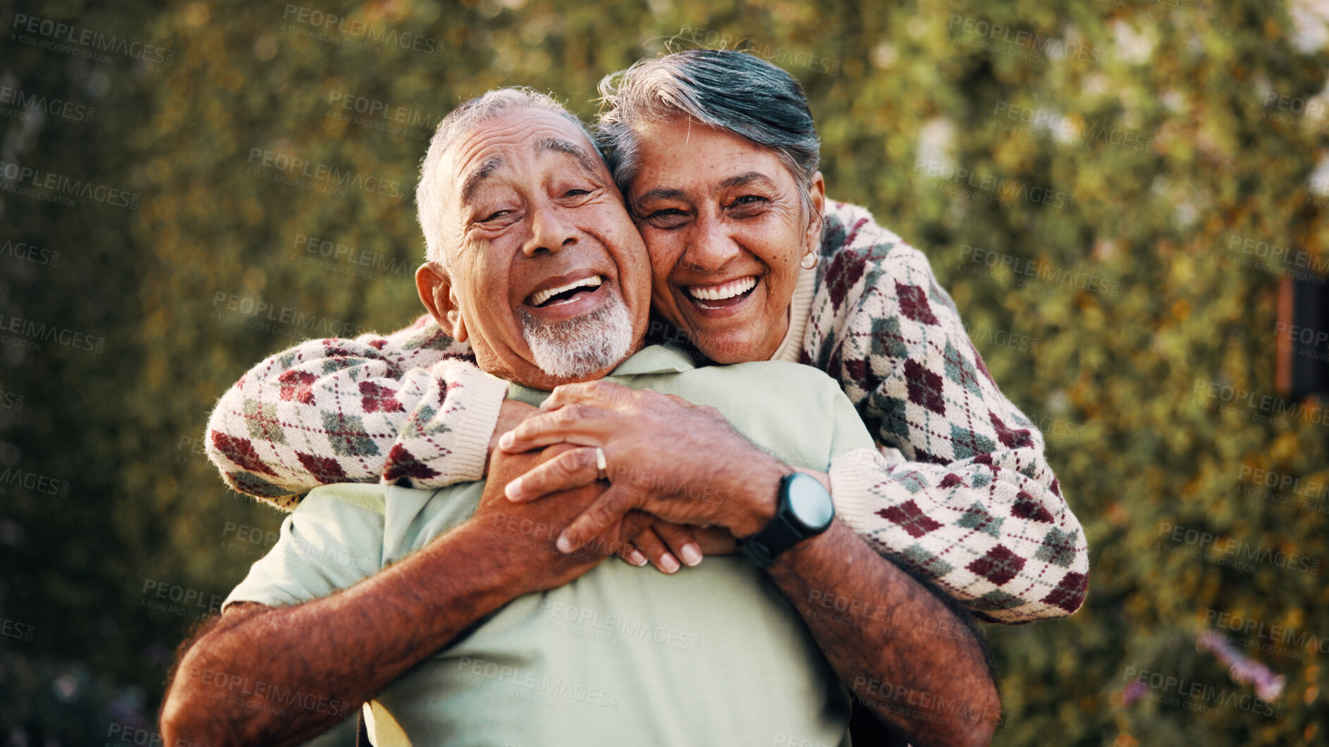 Buy stock photo Hug, laughing and portrait of old couple outdoor in garden together for bonding or retirement. Connection, funny and love with senior people embracing in backyard for care, support or wellness