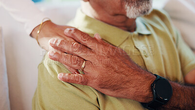 Buy stock photo Comfort, hands and shoulder of man in home living room for empathy, support or wellness. Care, love and sympathy with wife consoling husband in apartment for grief, pain of loss or trauma recovery