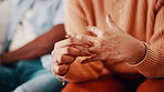 Couple, hands and woman with ring for doubt, marriage mistake and regret in relationship. Man, wife and fidget with jewelry for commitment crisis, separation anxiety and conflict with partner